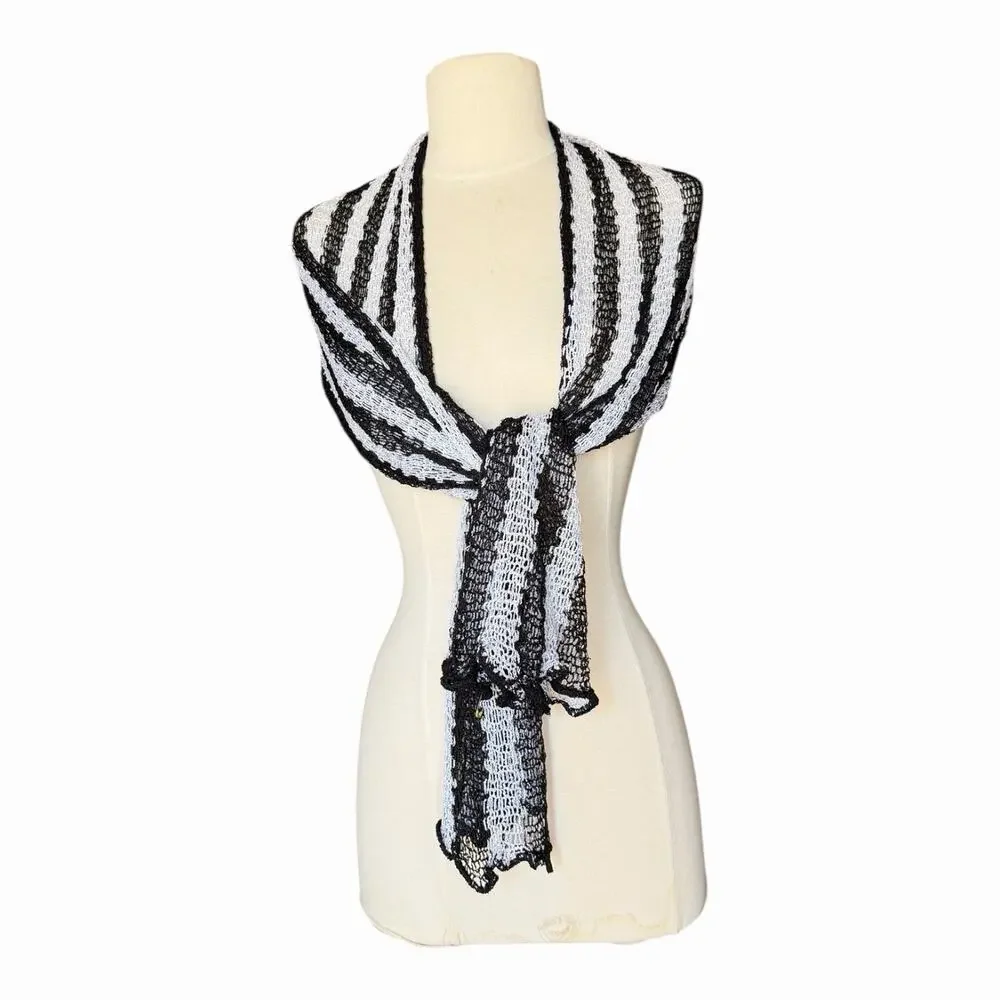 Vintage Handmade Black & White Striped Knit Fishnet Scarf Shawl Wrap Ruffle Edge